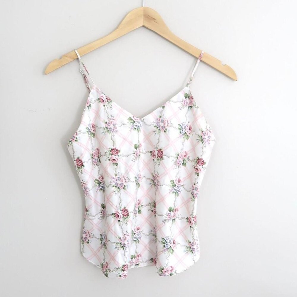 Vintage 90s Floral Silky Camisole Tank | Romantic Lattice Print
